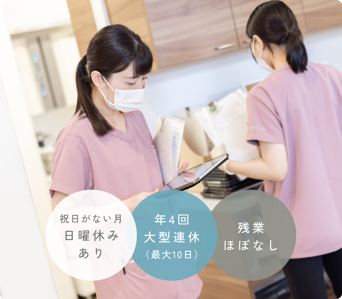 祝日がない月日曜休みあり／年4回大型連休（最大10日）／残業ほぼなし
